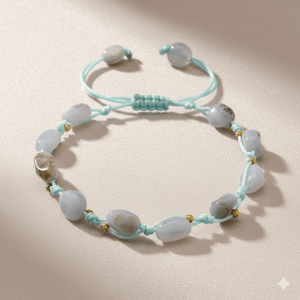 Makrome Örgülü Naturel Kesim Dorika Top Detaylı Kalsedon Doğaltaş Kadın Bileklik - 3