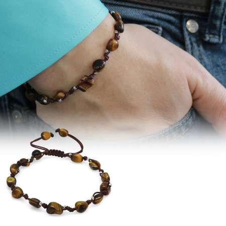 Makrome Örgülü Naturel Kesim Dorika Top Detaylı Kaplan Gözü Doğaltaş Erkek Bileklik - Tesbihane