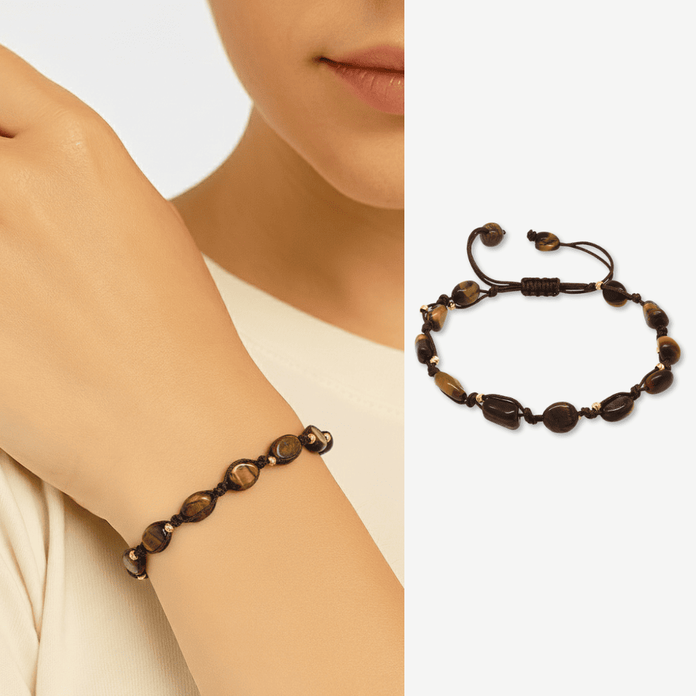 Makrome Örgülü Naturel Kesim Dorika Top Detaylı Kaplan Gözü Doğaltaş Kadın Bileklik - 1