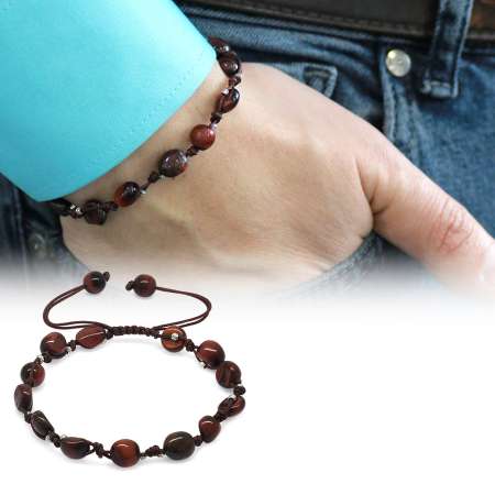 Makrome Örgülü Naturel Kesim Dorika Top Detaylı Koyu Renk Kaplan Gözü Doğaltaş Erkek Bileklik - Tesbihane