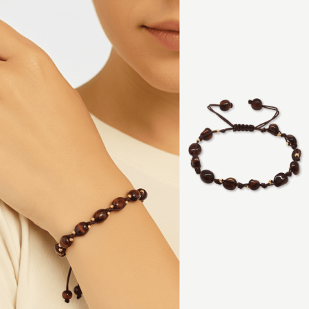 Makrome Örgülü Naturel Kesim Dorika Top Detaylı Koyu Renk Kaplan Gözü Doğaltaş Kadın Bileklik - Tesbihane