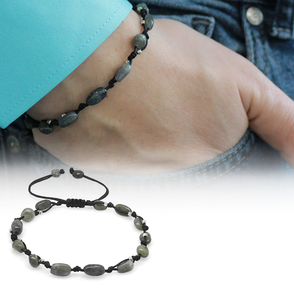 Makrome Örgülü Naturel Kesim Dorika Top Detaylı Labradorit Doğaltaş Erkek Bileklik - 1