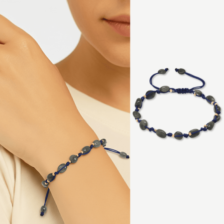 Makrome Örgülü Naturel Kesim Dorika Top Detaylı Labradorit Doğaltaş Kadın Bileklik - Tesbihane