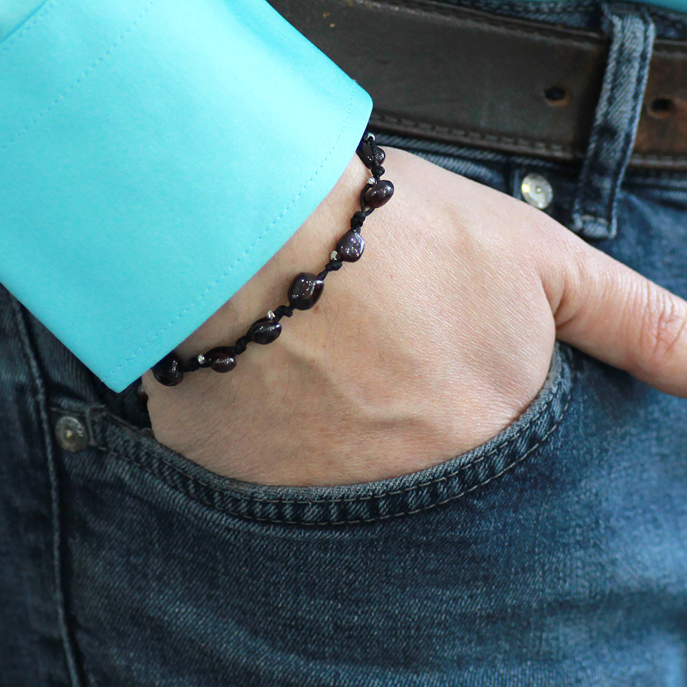 Makrome Örgülü Naturel Kesim Dorika Top Detaylı Lal Doğaltaş Erkek Bileklik - 2