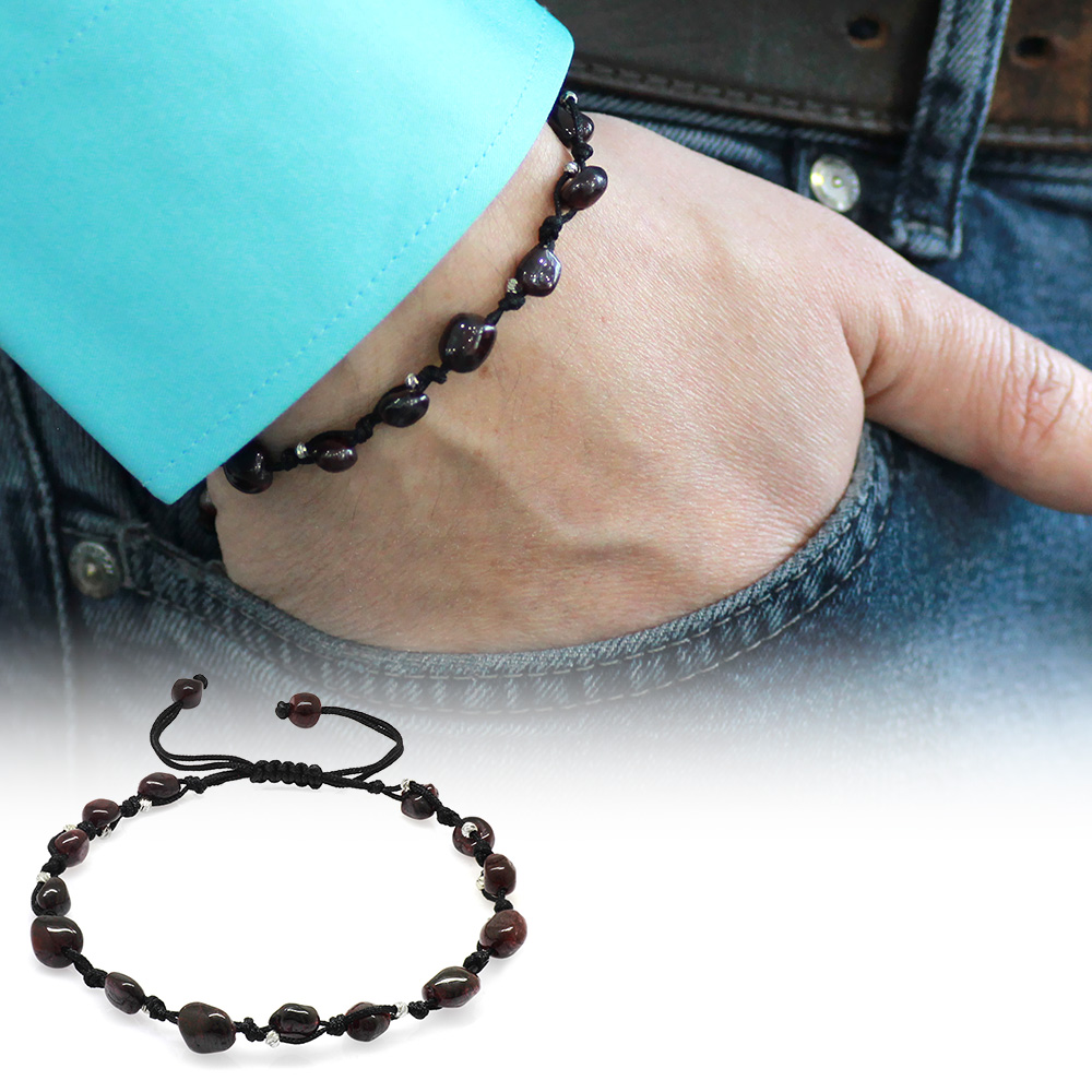 Makrome Örgülü Naturel Kesim Dorika Top Detaylı Lal Doğaltaş Erkek Bileklik - 1