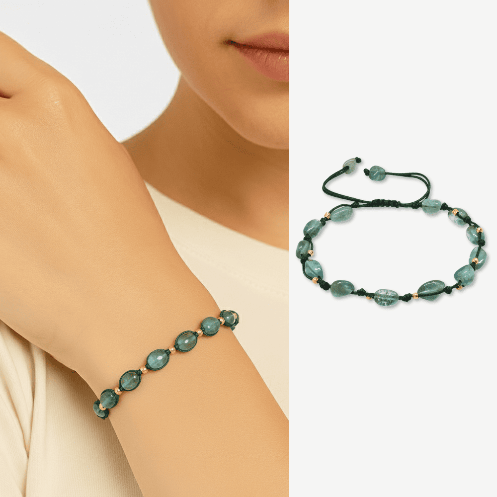 Makrome Örgülü Naturel Kesim Dorika Top Detaylı Larimar Doğaltaş Kadın Bileklik - 1