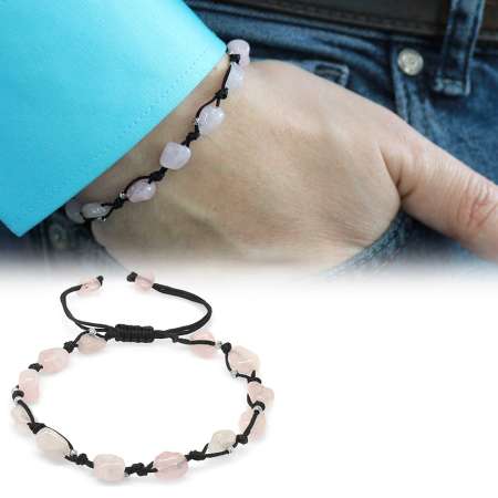 Makrome Örgülü Naturel Kesim Dorika Top Detaylı Pembe Kuvars Doğaltaş Erkek Bileklik - Tesbihane