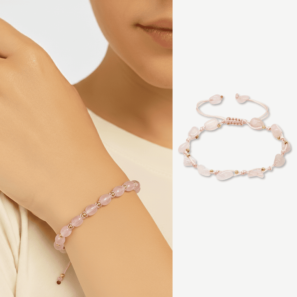 Makrome Örgülü Naturel Kesim Dorika Top Detaylı Pembe Kuvars Doğaltaş Kadın Bileklik - 1