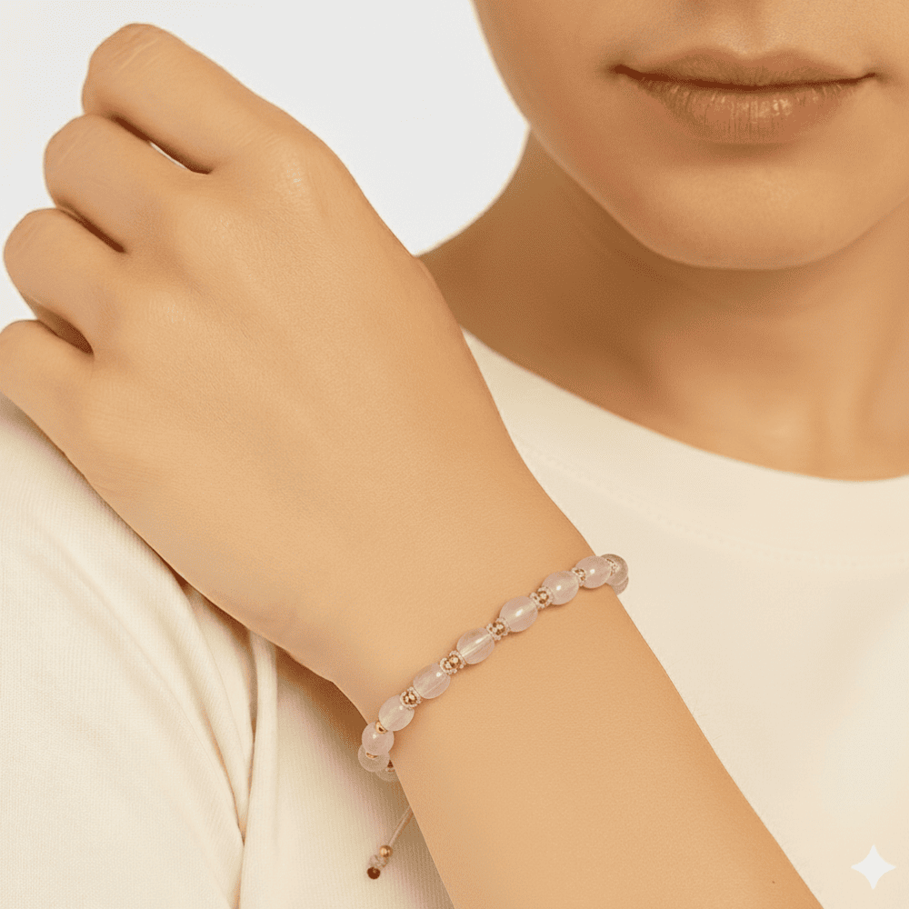 Makrome Örgülü Naturel Kesim Dorika Top Detaylı Pembe Kuvars Doğaltaş Kadın Bileklik - 2