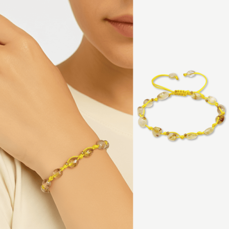 Makrome Örgülü Naturel Kesim Dorika Top Detaylı Sitrin Doğaltaş Kadın Bileklik - Tesbihane