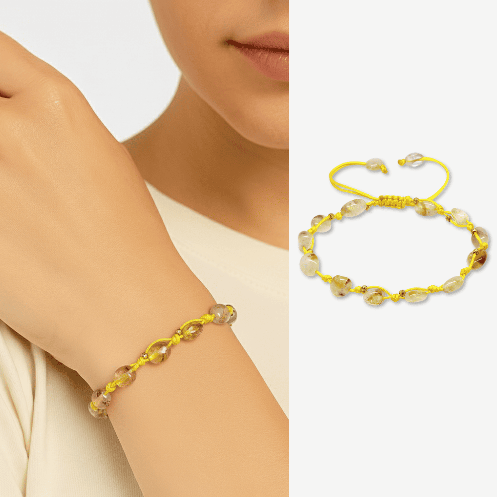 Makrome Örgülü Naturel Kesim Dorika Top Detaylı Sitrin Doğaltaş Kadın Bileklik - 1