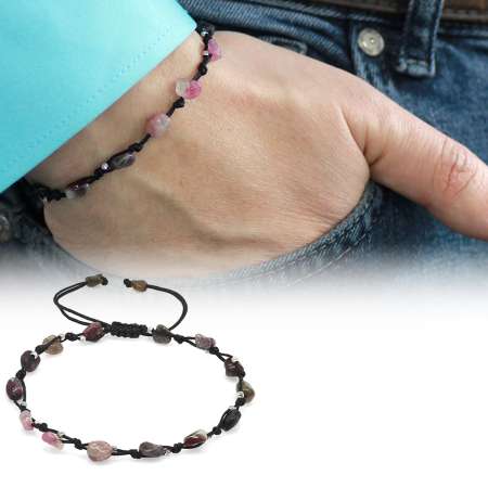 Makrome Örgülü Naturel Kesim Dorika Top Detaylı Turmalin Doğaltaş Erkek Bileklik - Tesbihane