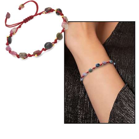 Makrome Örgülü Naturel Kesim Dorika Top Detaylı Turmalin Doğaltaş Kadın Bileklik - Tesbihane