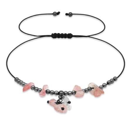 Makrome Örgülü Natural Kesim Gül Kuvars Doğaltaş Halhal - Tesbihane