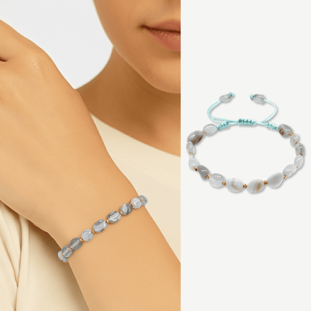 Makrome Örgülü Naturel Kesim Kalsedon Doğaltaş Kadın Bileklik - 1