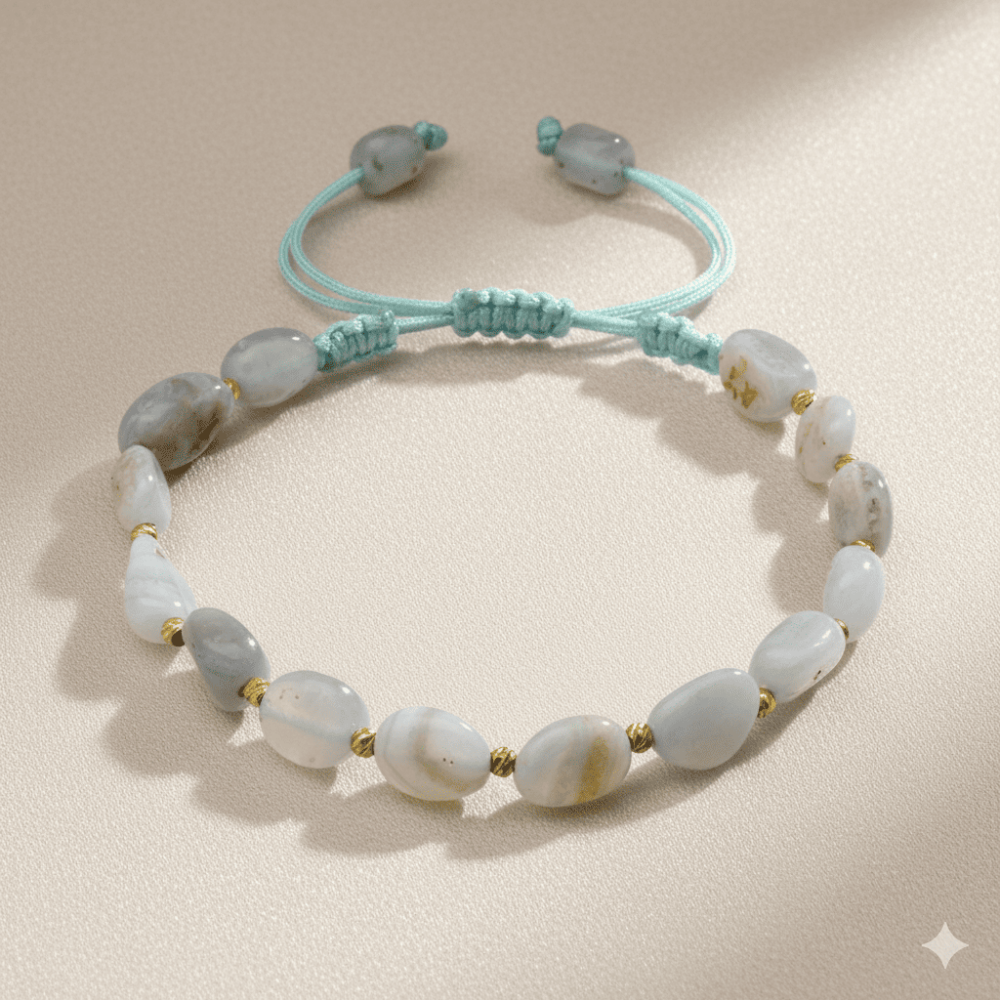 Makrome Örgülü Naturel Kesim Kalsedon Doğaltaş Kadın Bileklik - 3