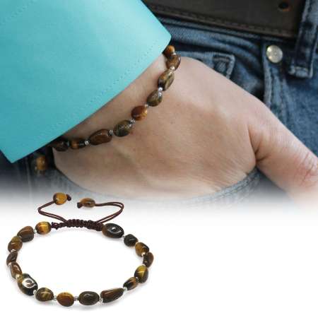 Makrome Örgülü Naturel Kesim Kaplan Gözü Doğaltaş Erkek Bileklik - Tesbihane