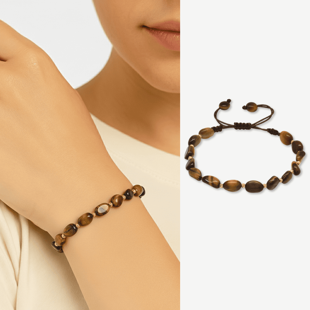 Makrome Örgülü Naturel Kesim Kaplan Gözü Doğaltaş Kadın Bileklik - 1