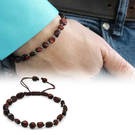 Makrome Örgülü Naturel Kesim Koyu Renk Kaplan Gözü Doğaltaş Erkek Bileklik - Tesbihane