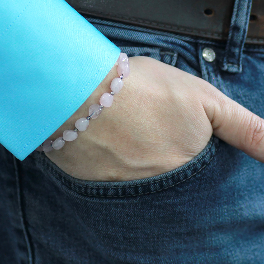 Makrome Örgülü Naturel Kesim Pembe Kuvars Doğaltaş Erkek Bileklik - 2
