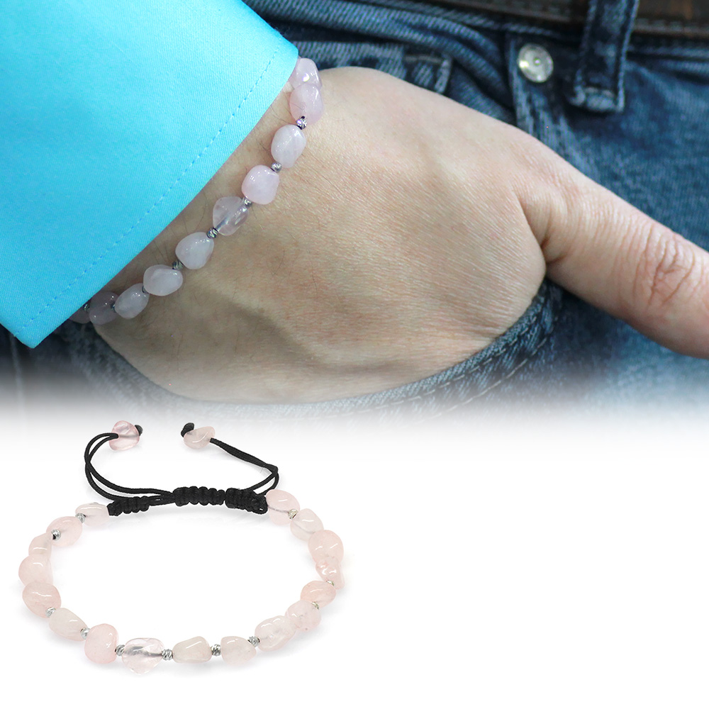 Makrome Örgülü Naturel Kesim Pembe Kuvars Doğaltaş Erkek Bileklik - 1