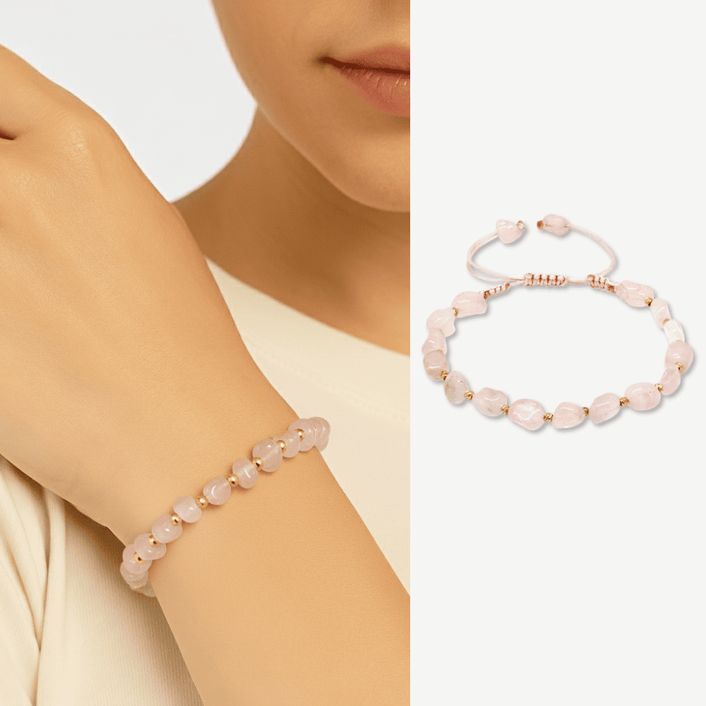 Makrome Örgülü Naturel Kesim Pembe Kuvars Doğaltaş Kadın Bileklik - 1