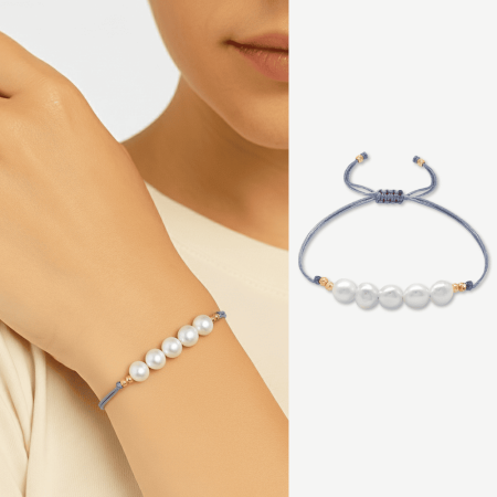 Makrome Örgülü Naturel Kesim Gri İpli Sarı Dorika Top Süslemeli Dpğal İnci Doğaltaş Kadın Bileklik - Tesbihane