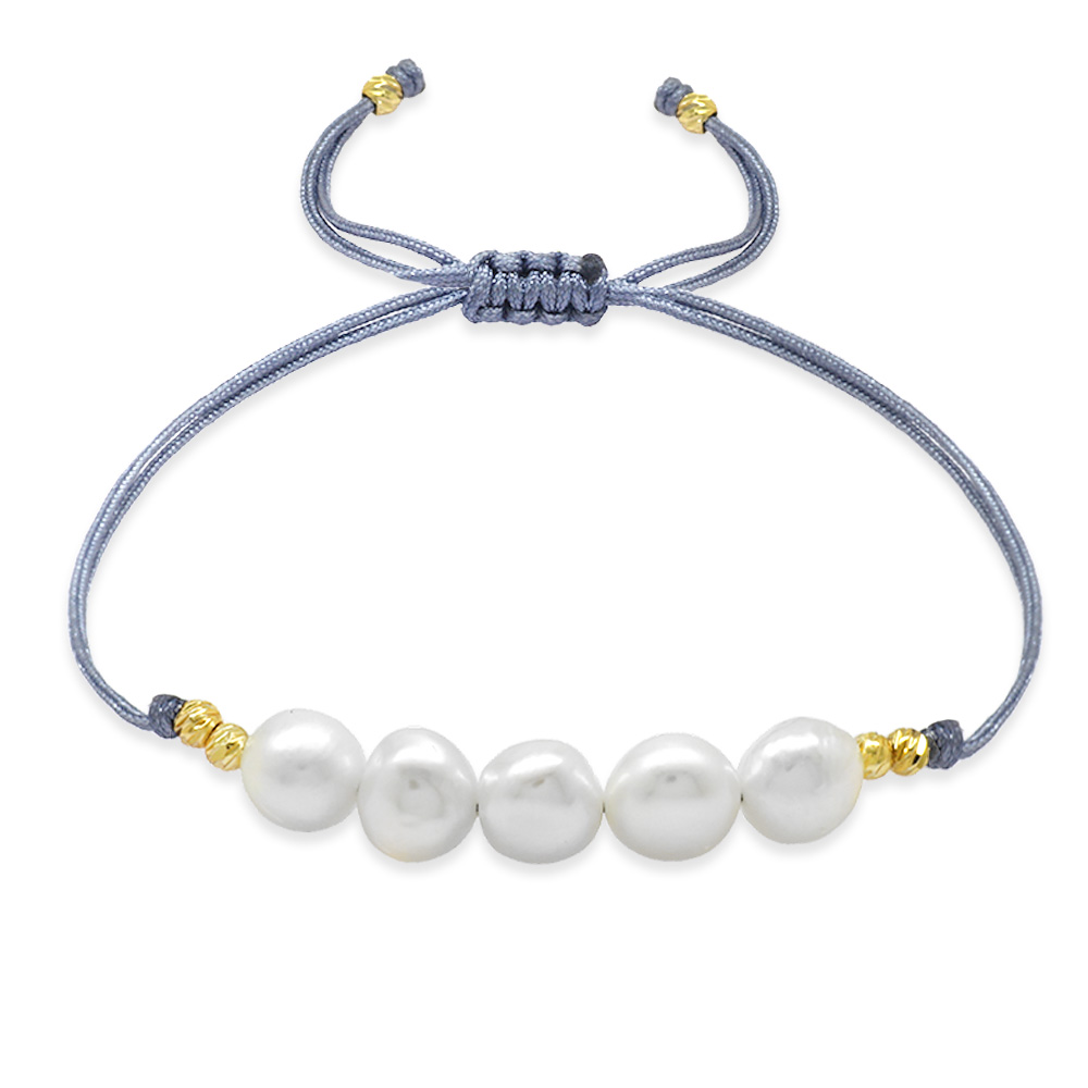 Makrome Örgülü Naturel Kesim Gri İpli Sarı Dorika Top Süslemeli Dpğal İnci Doğaltaş Kadın Bileklik - 2