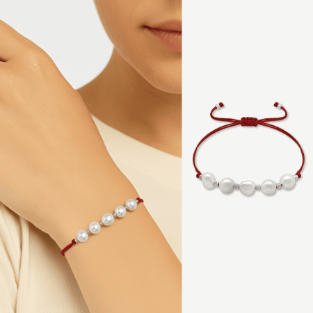 Makrome Örgülü Naturel Kesim Kırmızı İpli Beyaz Dorika Top Süslemeli Doğal İnci Kadın Bileklik - Tesbihane