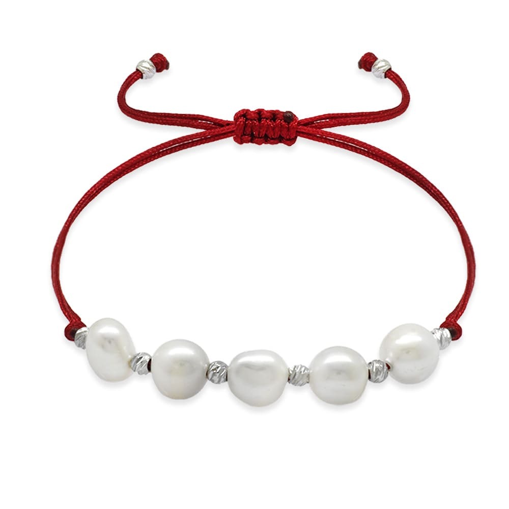 Makrome Örgülü Naturel Kesim Kırmızı İpli Beyaz Dorika Top Süslemeli Doğal İnci Kadın Bileklik - 4