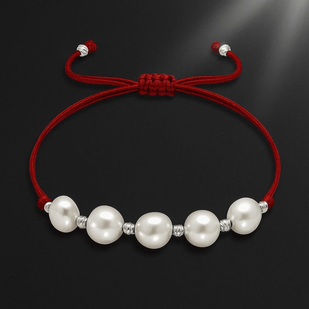 Makrome Örgülü Naturel Kesim Kırmızı İpli Beyaz Dorika Top Süslemeli Doğal İnci Kadın Bileklik - 5