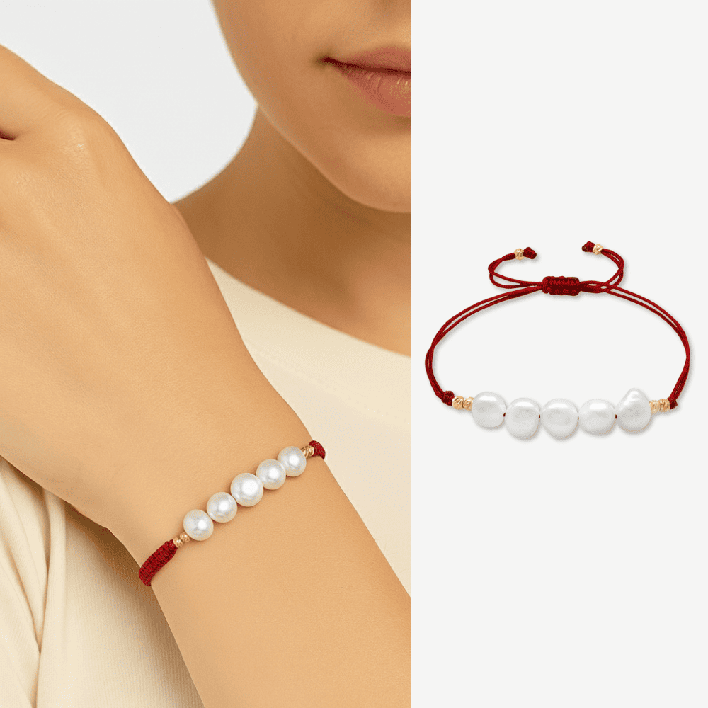 Makrome Örgülü Naturel Kesim Kırmızı İpli Dorika Top Süslemeli Doğal İnci Kadın Bileklik - 1