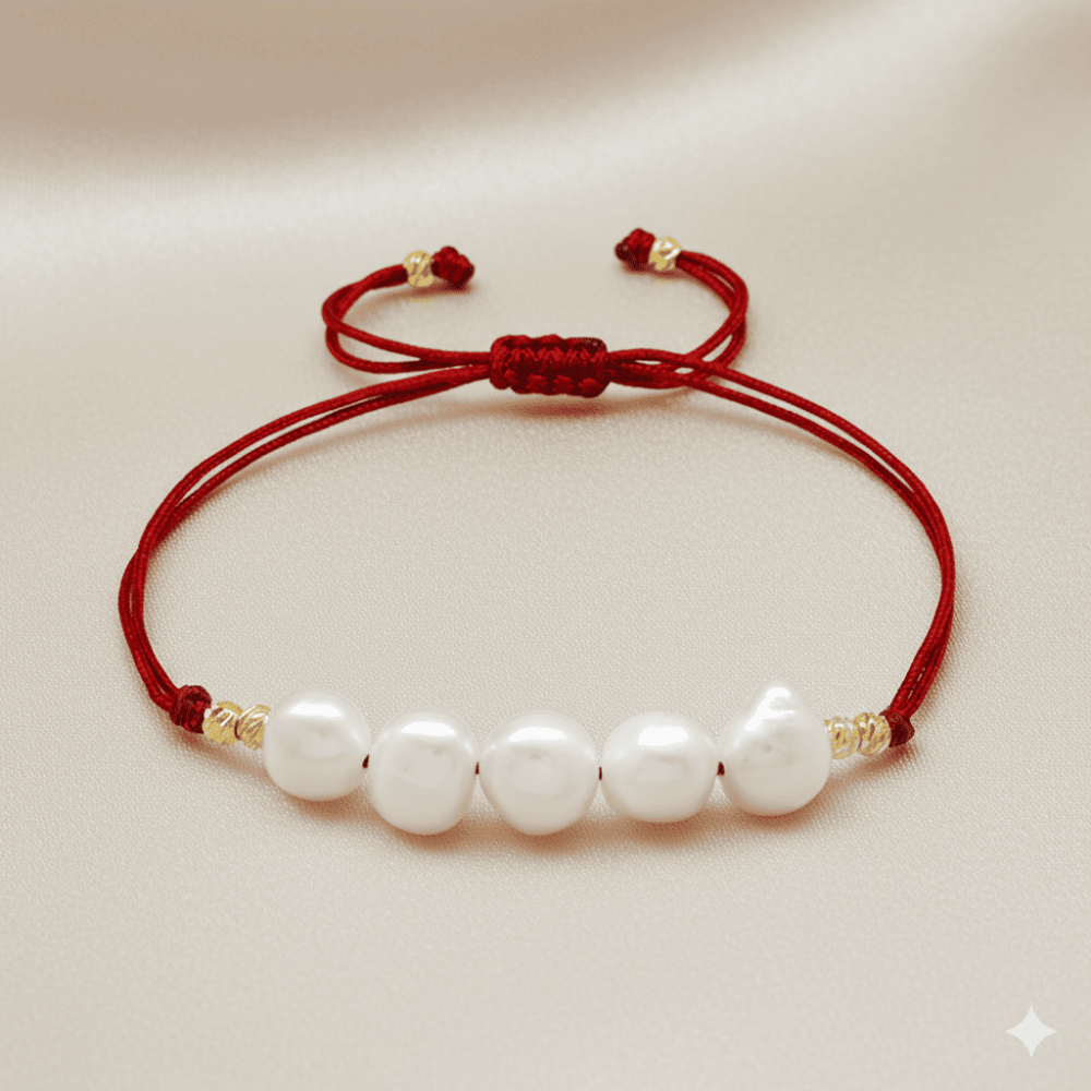 Makrome Örgülü Naturel Kesim Kırmızı İpli Dorika Top Süslemeli Doğal İnci Kadın Bileklik - 3