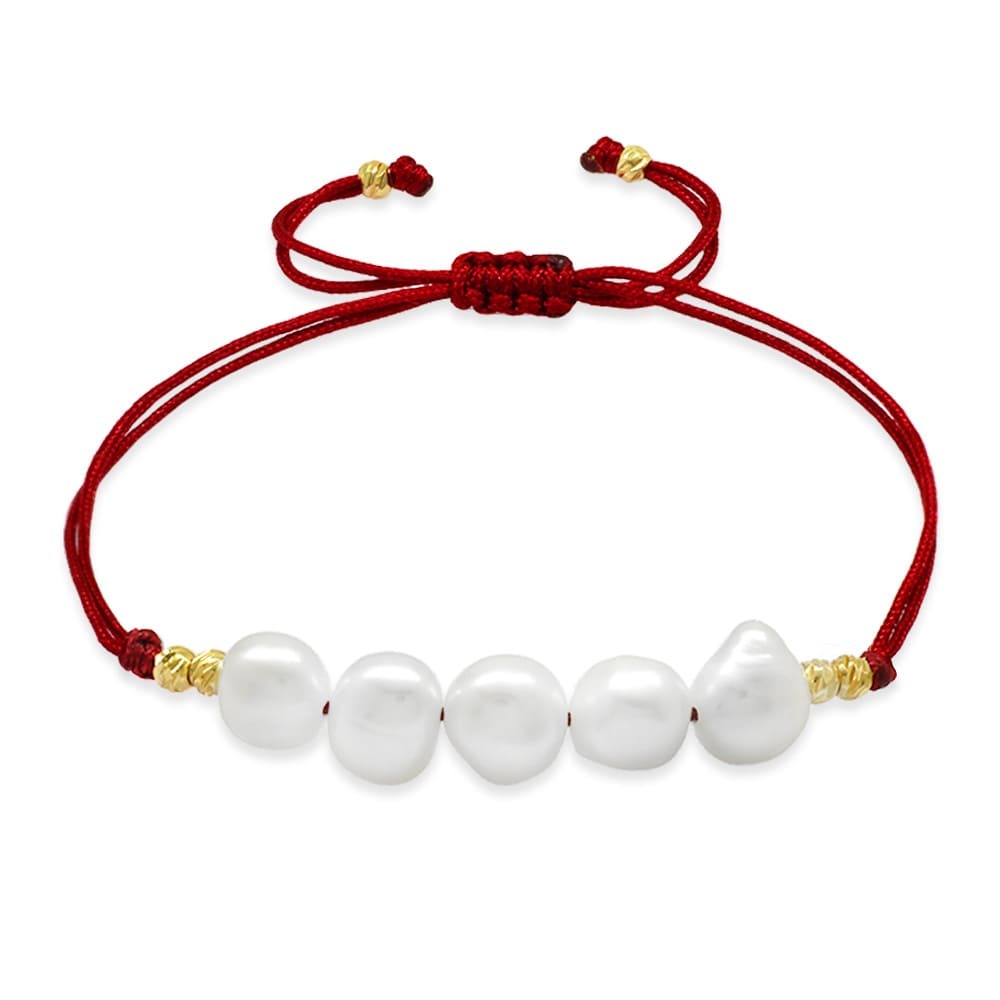 Makrome Örgülü Naturel Kesim Kırmızı İpli Dorika Top Süslemeli Doğal İnci Kadın Bileklik - 4