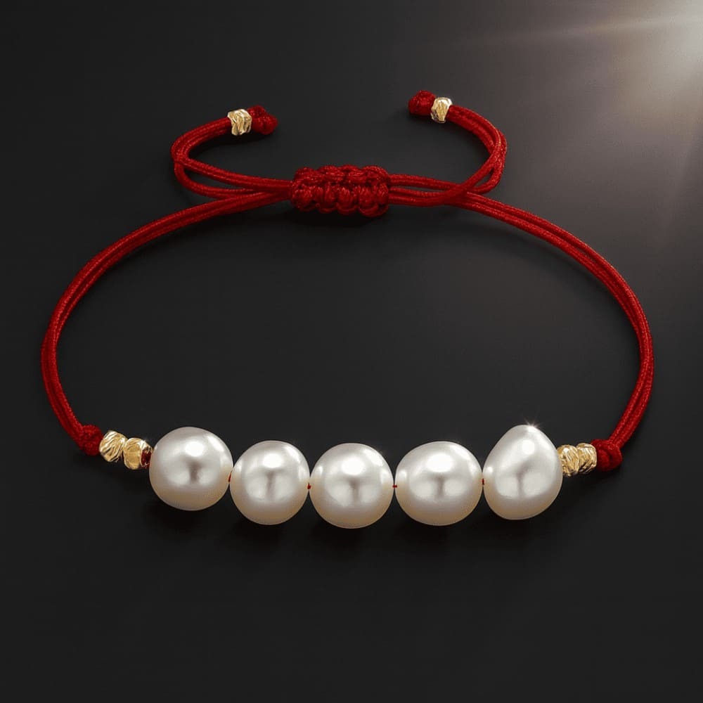 Makrome Örgülü Naturel Kesim Kırmızı İpli Dorika Top Süslemeli Doğal İnci Kadın Bileklik - 5
