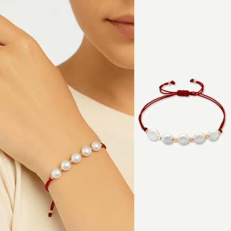 Makrome Örgülü Naturel Kesim Kırmızı İpli Sarı Dorika Top Süslemeli Doğal İnci Kadın Bileklik - Tesbihane