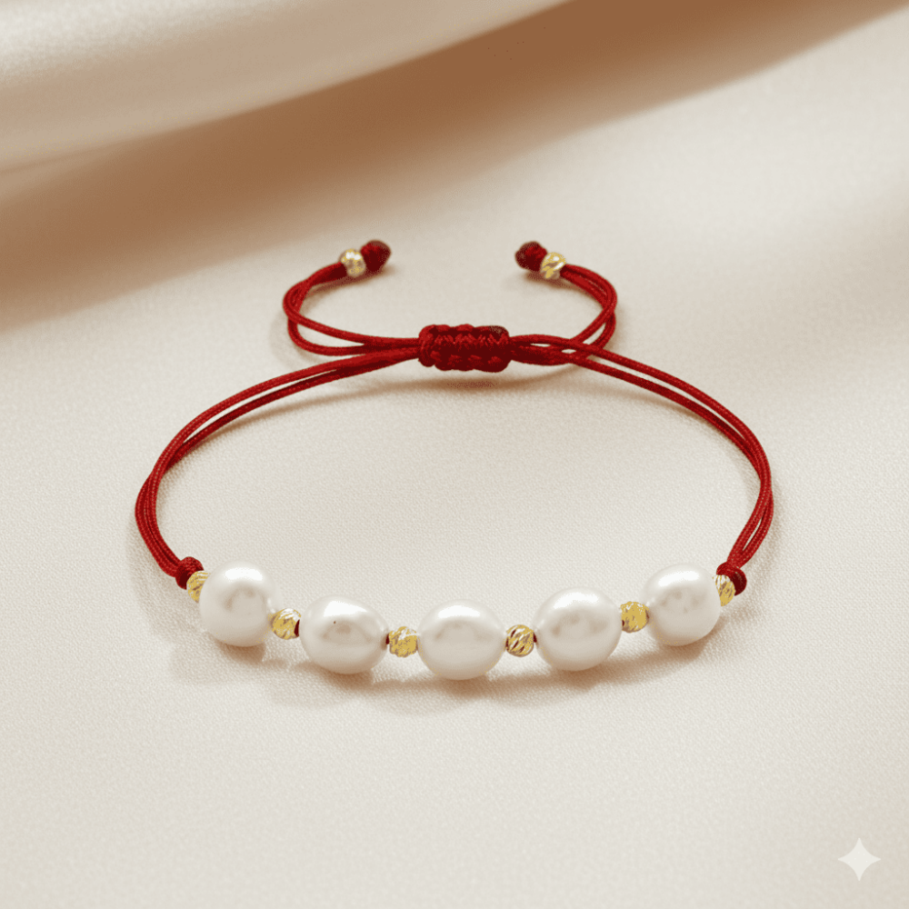 Makrome Örgülü Naturel Kesim Kırmızı İpli Sarı Dorika Top Süslemeli Doğal İnci Kadın Bileklik - 3