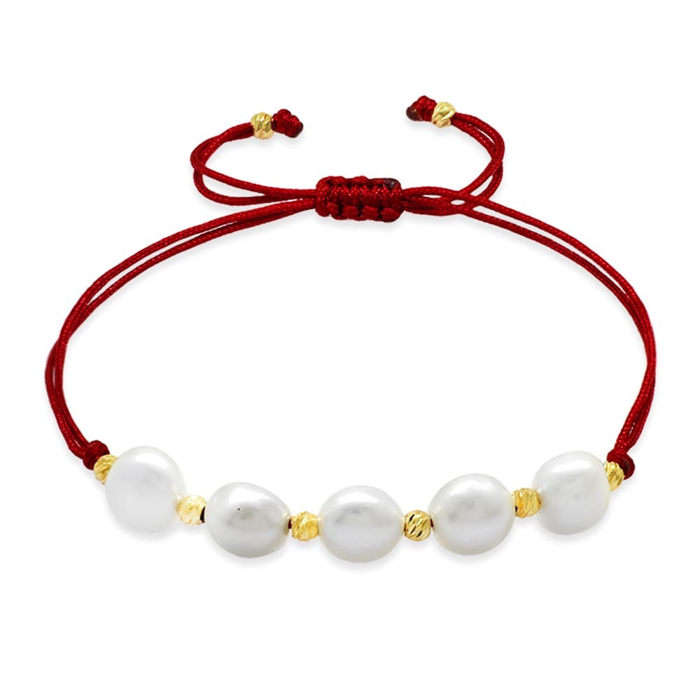 Makrome Örgülü Naturel Kesim Kırmızı İpli Sarı Dorika Top Süslemeli Doğal İnci Kadın Bileklik - 4