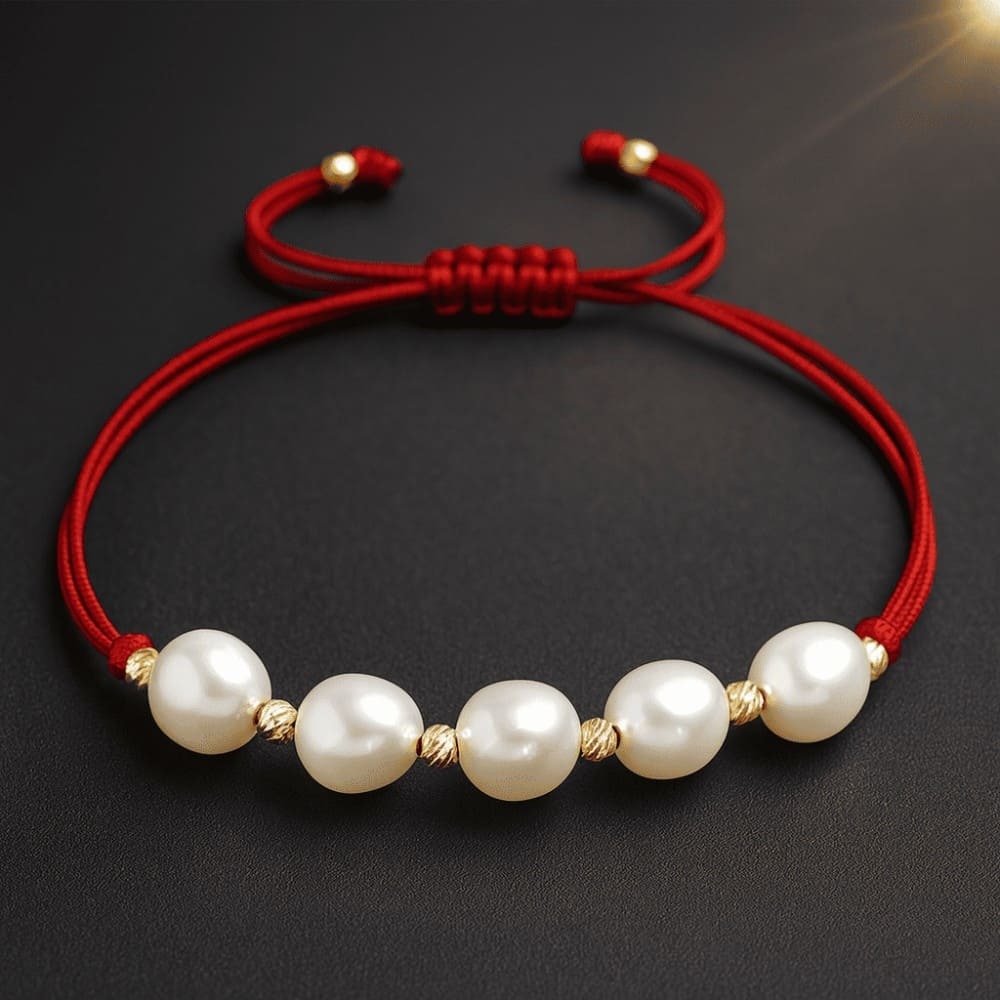 Makrome Örgülü Naturel Kesim Kırmızı İpli Sarı Dorika Top Süslemeli Doğal İnci Kadın Bileklik - 5