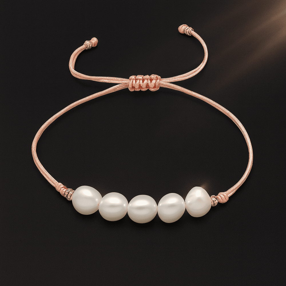 Makrome Örgülü Naturel Kesim Pembe İpli Sarı Dorika Top Süslemeli Doğal İnci Kadın Bileklik - 1