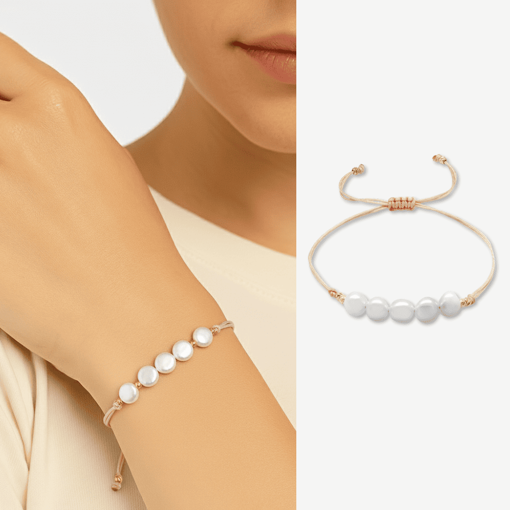 Makrome Örgülü Naturel Kesim Pembe İpli Sarı Dorika Top Süslemeli Doğal İnci Kadın Bileklik - 1