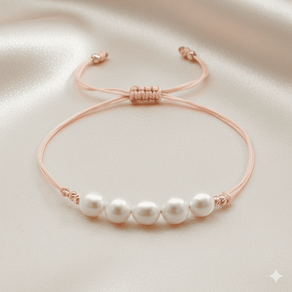 Makrome Örgülü Naturel Kesim Pembe İpli Sarı Dorika Top Süslemeli Doğal İnci Kadın Bileklik - 3