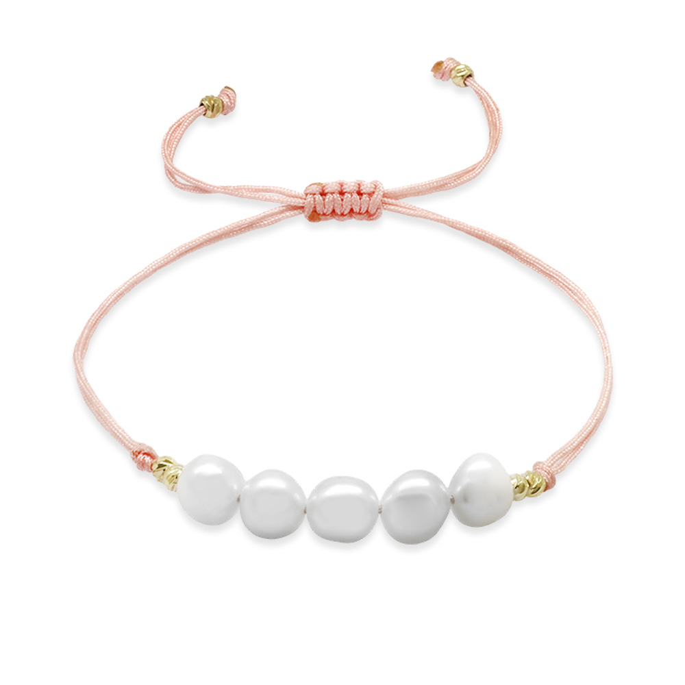 Makrome Örgülü Naturel Kesim Pembe İpli Sarı Dorika Top Süslemeli Doğal İnci Kadın Bileklik - 2