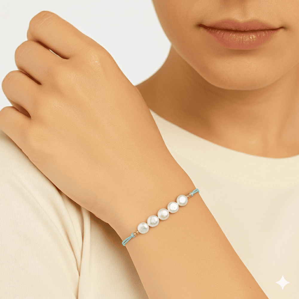 Makrome Örgülü Naturel Kesim Su Yeşili İpli Sarı Dorika Top Süslemeli Doğal İnci Kadın Bileklik - 2