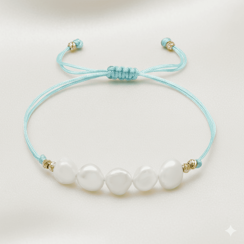 Makrome Örgülü Naturel Kesim Su Yeşili İpli Sarı Dorika Top Süslemeli Doğal İnci Kadın Bileklik - 3