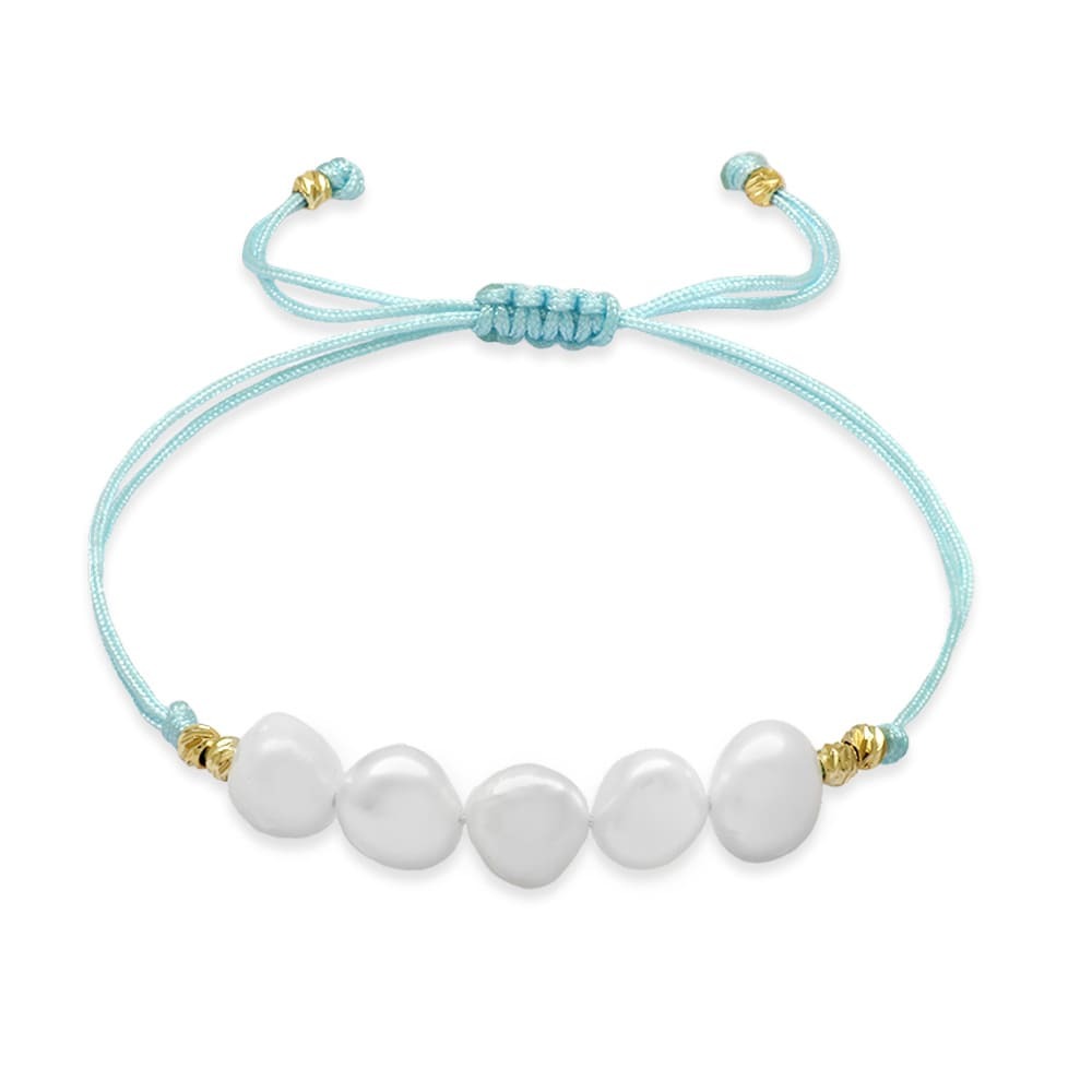 Makrome Örgülü Naturel Kesim Su Yeşili İpli Sarı Dorika Top Süslemeli Doğal İnci Kadın Bileklik - 4