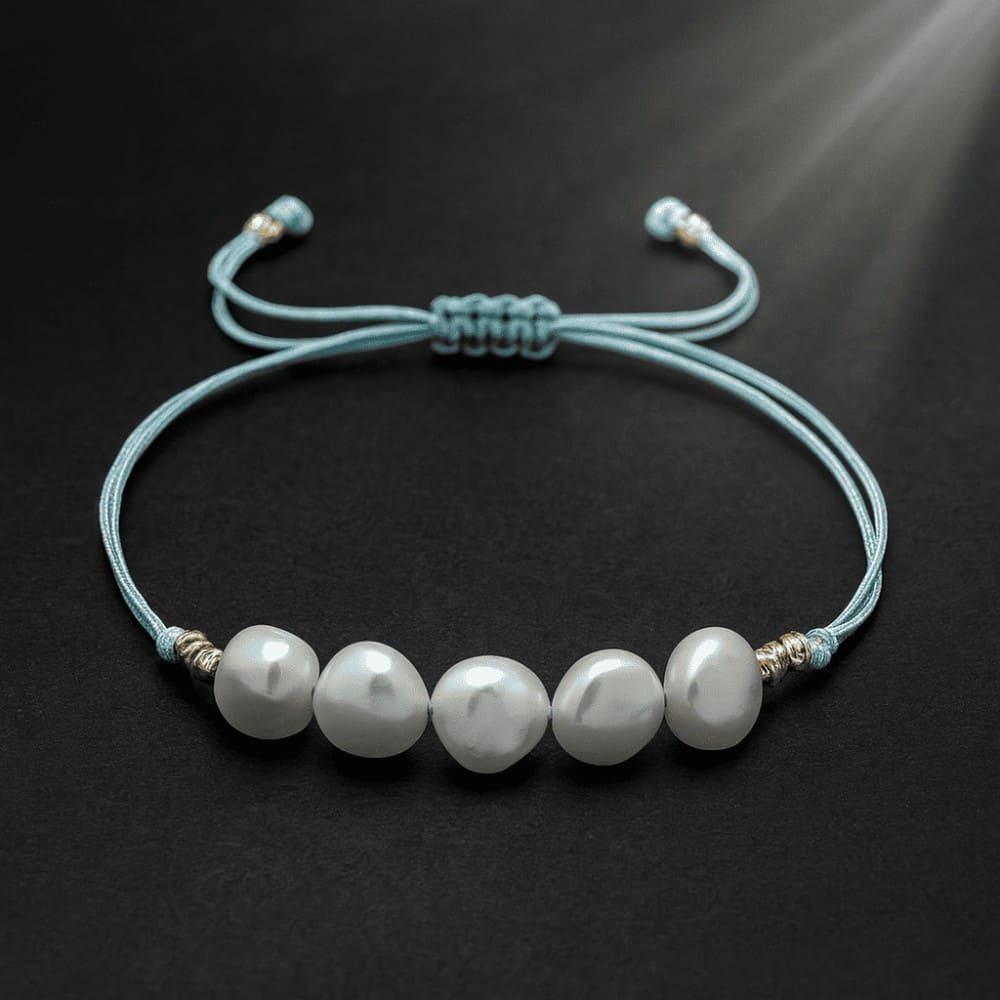 Makrome Örgülü Naturel Kesim Su Yeşili İpli Sarı Dorika Top Süslemeli Doğal İnci Kadın Bileklik - 5