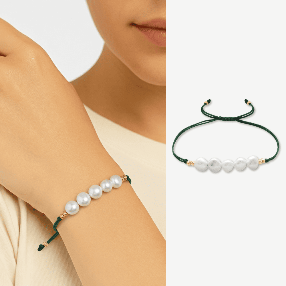 Makrome Örgülü Naturel Kesim Yeşil İpli Sarı Dorika Top Süslemeli Doğal İnci Kadın Bileklik - 1