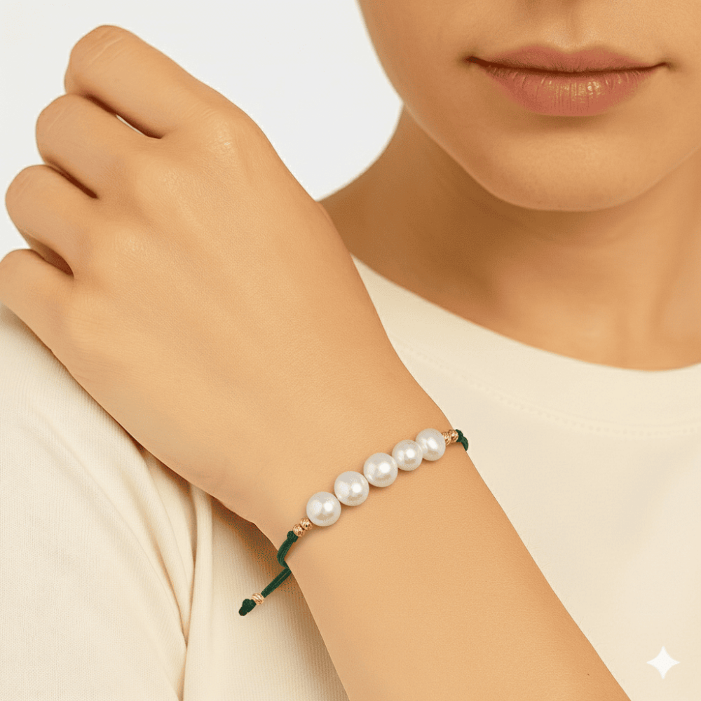 Makrome Örgülü Naturel Kesim Yeşil İpli Sarı Dorika Top Süslemeli Doğal İnci Kadın Bileklik - 2