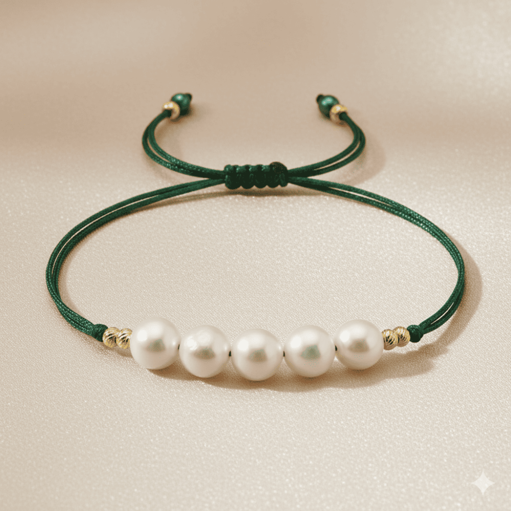 Makrome Örgülü Naturel Kesim Yeşil İpli Sarı Dorika Top Süslemeli Doğal İnci Kadın Bileklik - 3